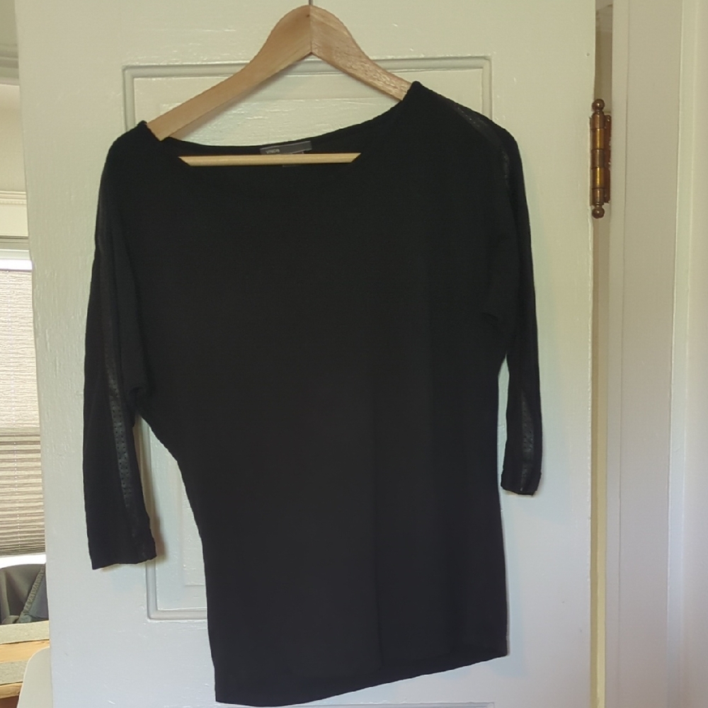 Vince Black 3/4 Sleeve Boat Neck Top With Leather Trim, XS